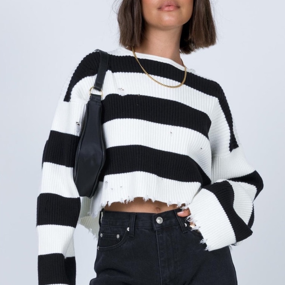 Princess Polly “London Bridge” Distressed Black & White Stripe Sweater. Size M/L